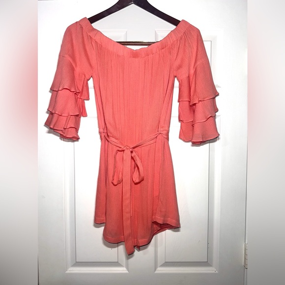 Lulus Pants - Lulus Coral Off-Shoulder Ruffle Sleeve Romper